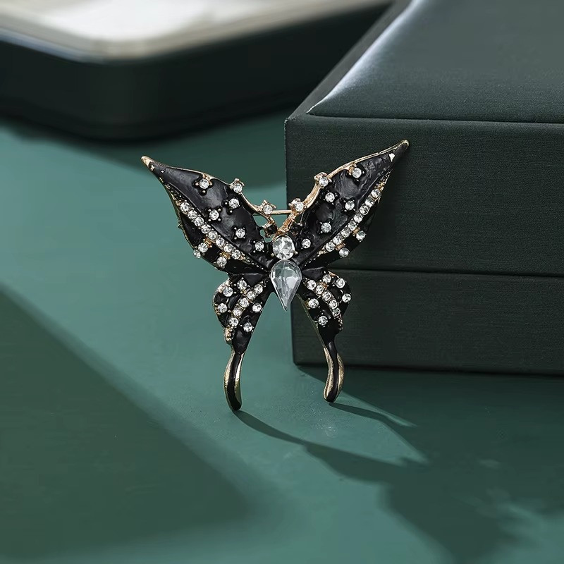 Vintage Black Enamel Butterfly Brooch Gold Tone Crystal Rhinestone Pin