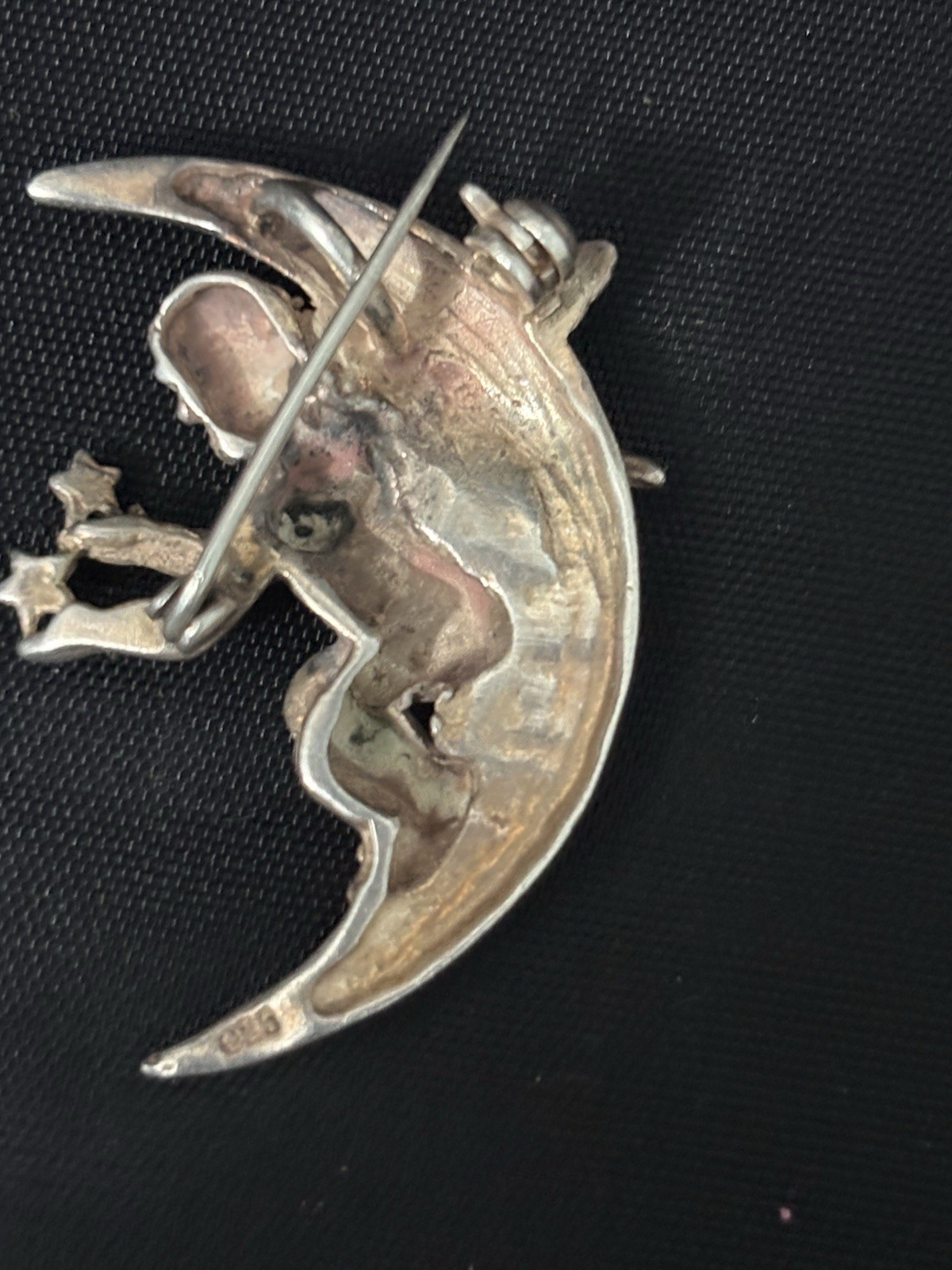 Vintage Sterling Silver Brooch Pendant Cherub Crescent Moon Celestial 8g 1.5”