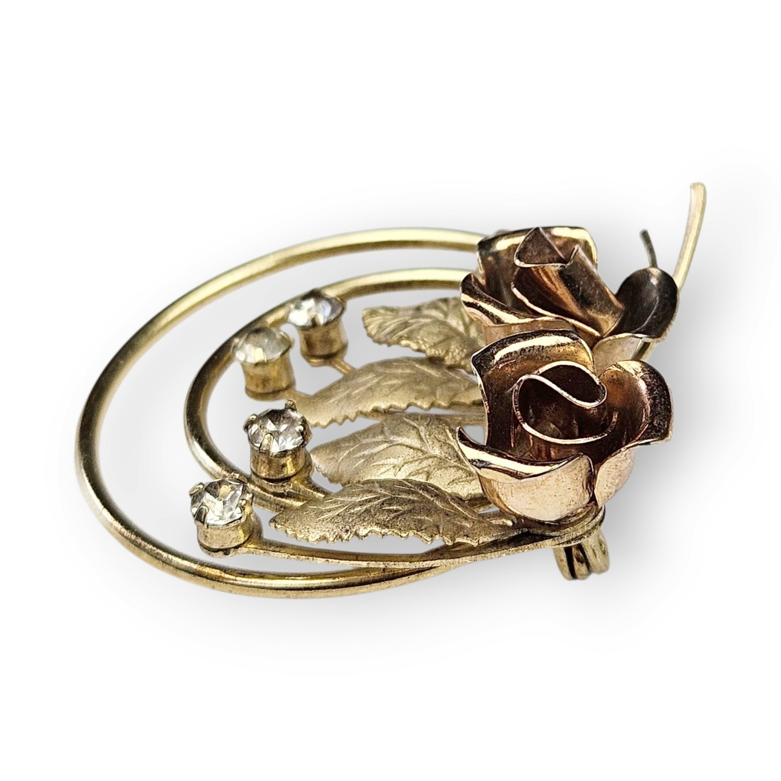 Vintage Double Rose Brooch Two Tone Brushed Gold Plated Rhinestone Floral Spray