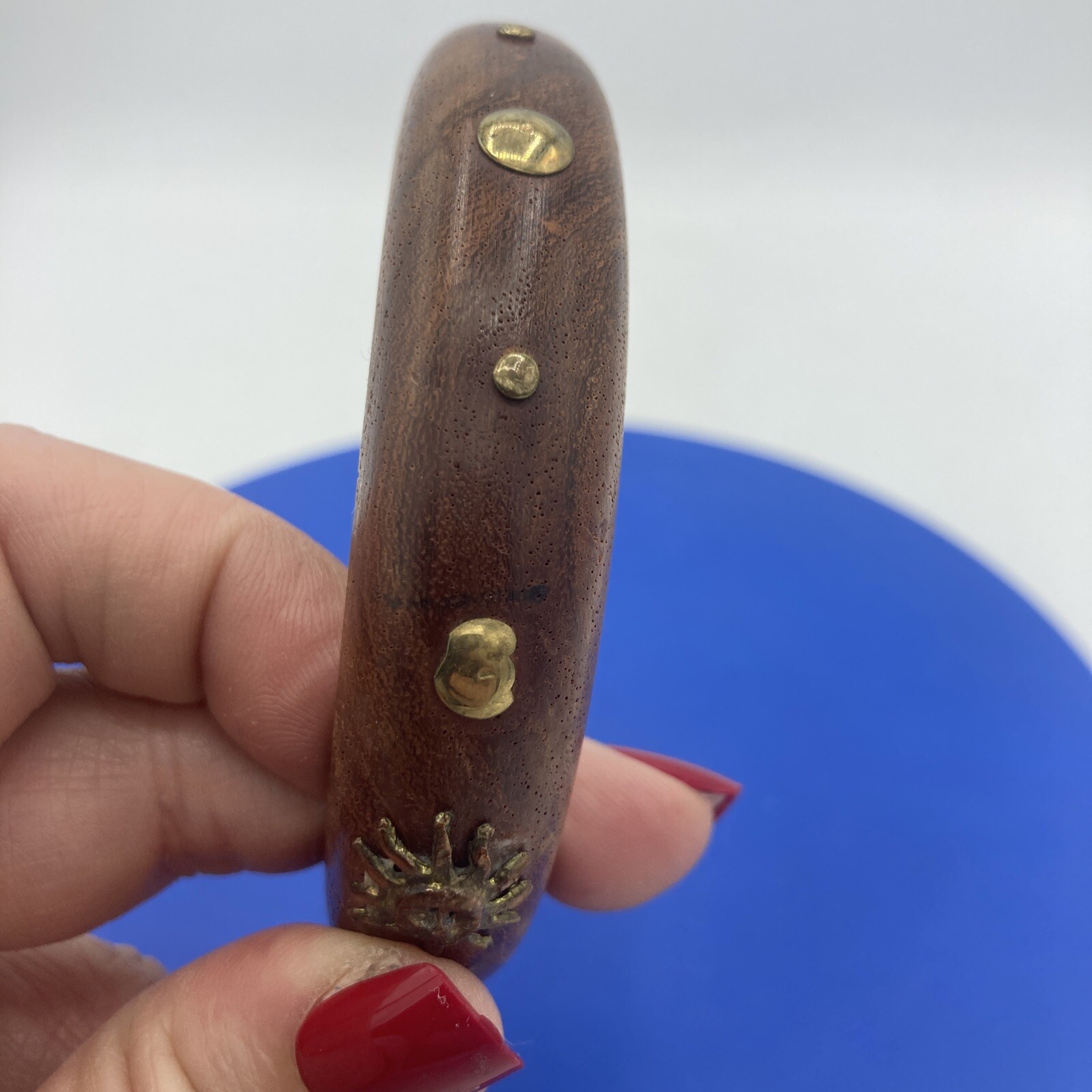 Vtg Wood Cuff Bangle Bracelet Brass Sun & Studs Celestial Boho Whimsigoth 5.5”