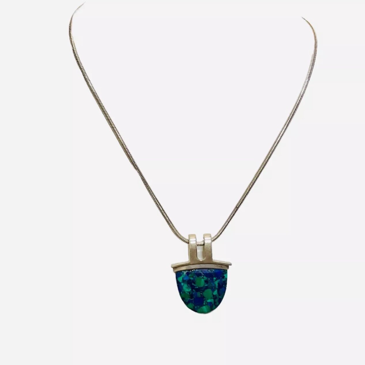 Azurite Pendant Necklace AGI Sterling Silver Chain Stone Signed SAW Vintage