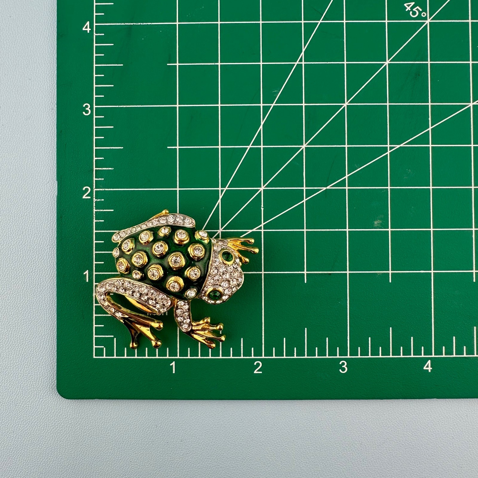Vintage Rhinestone Green Enamel Frog Brooch Shiny Gold Tone Leap Jump Figural