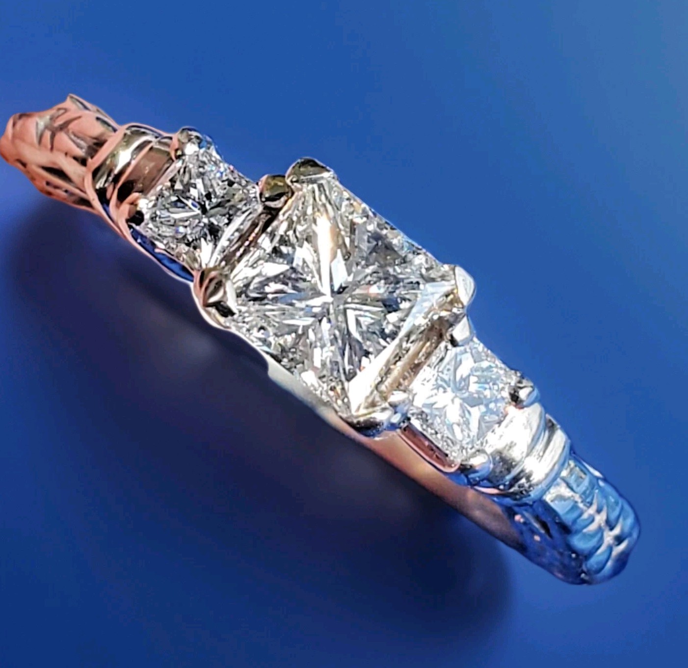 Original EARTH MINED DIAMOND Princess Engagement Ring 3 Stone Solitaire 14K GOLD