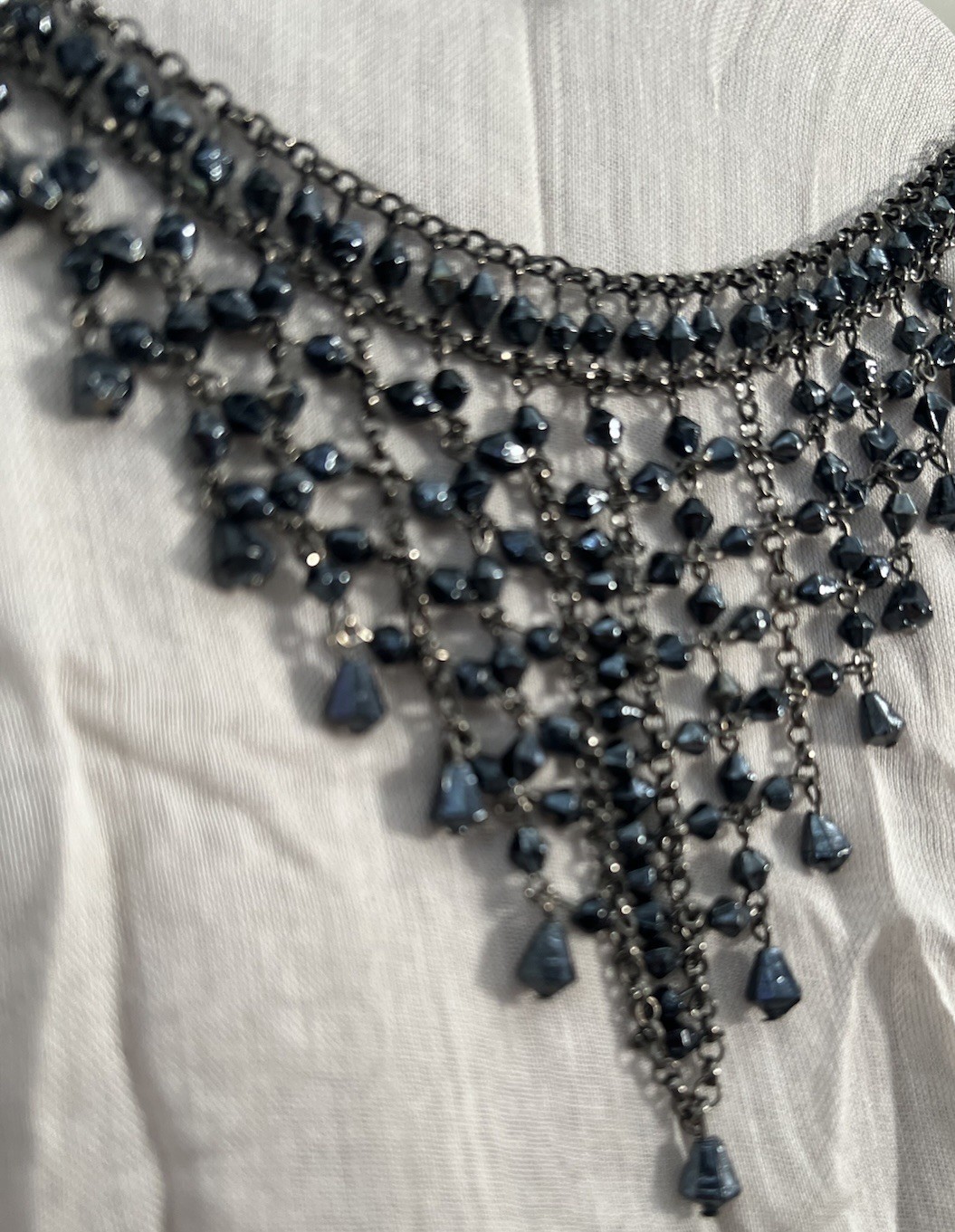 Vintage Black beaded bib statement necklace l glass beads l fringe l 11”