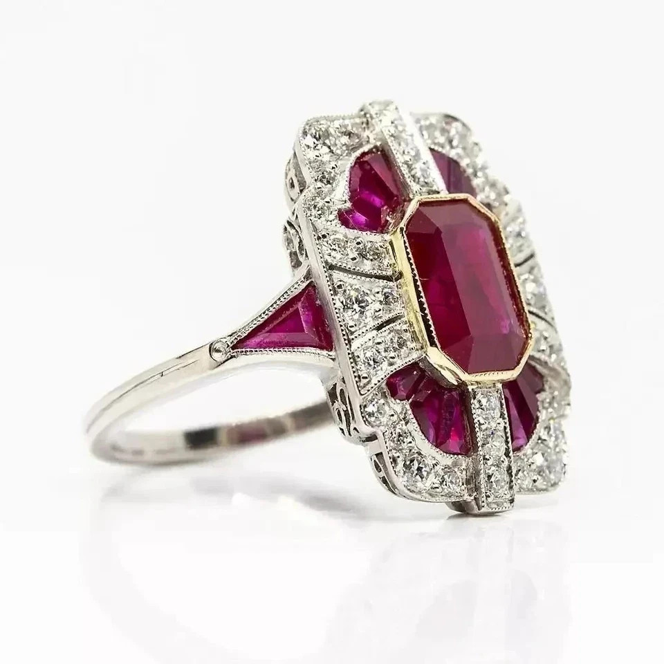 4Ct Art Deco Style Ruby & Lab-Created Diamond Engagement 14K White Gold FN Ring