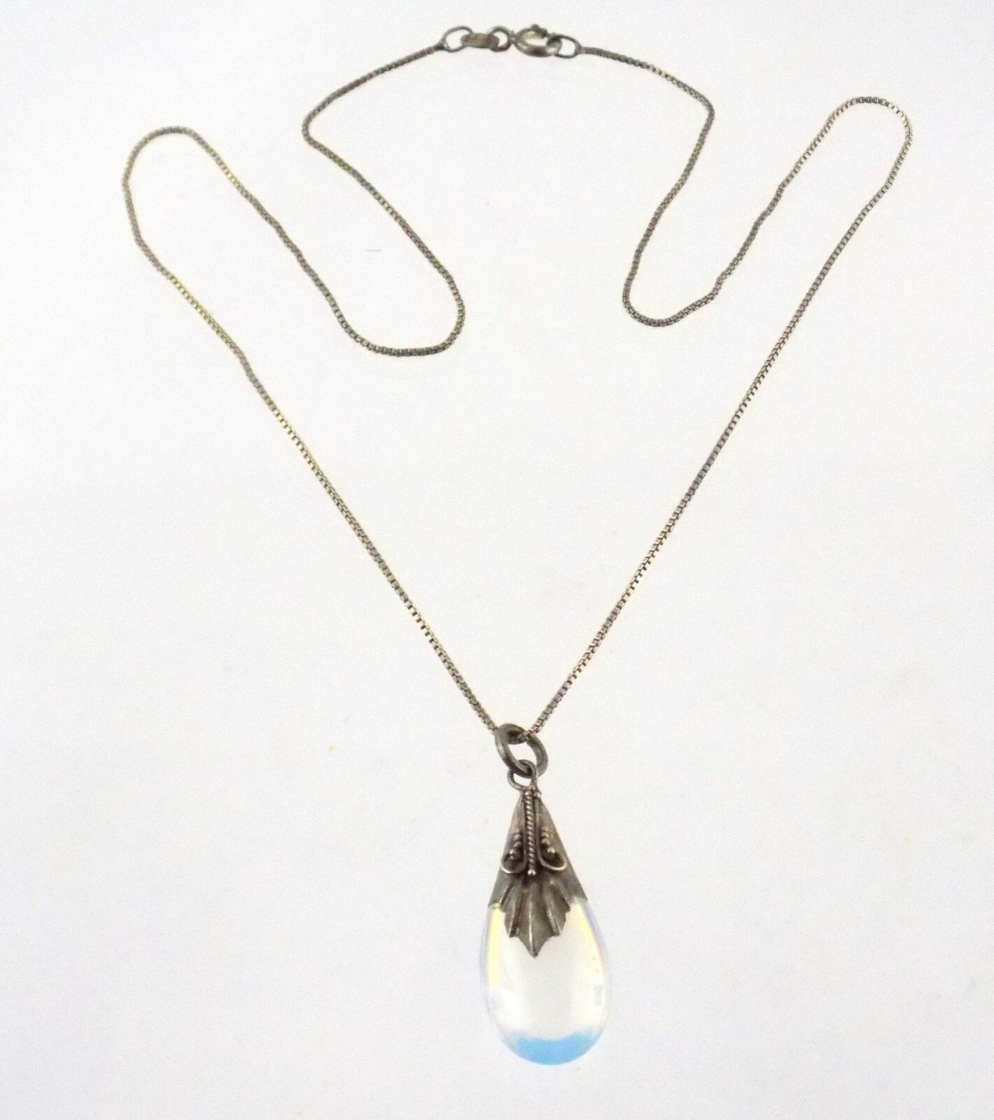 Sterling Silver Opaline Glass Pendant Necklace Box Chain 925 5.3G 17.75 Inches