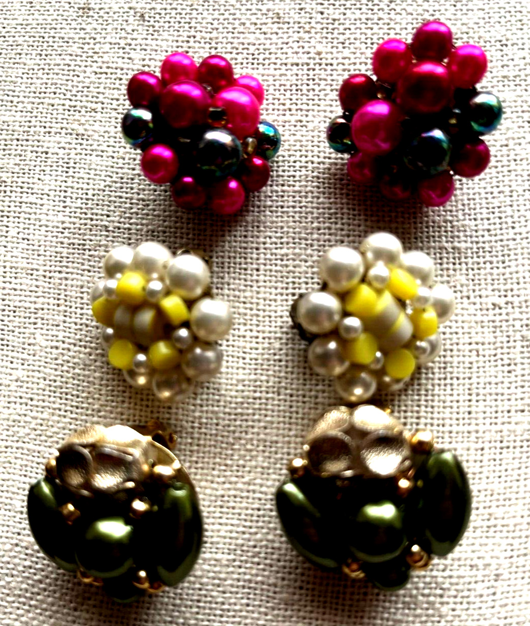 Three Pairs Vintage Japan Hong Kong Gold Tone Beaded Clip On Earrings