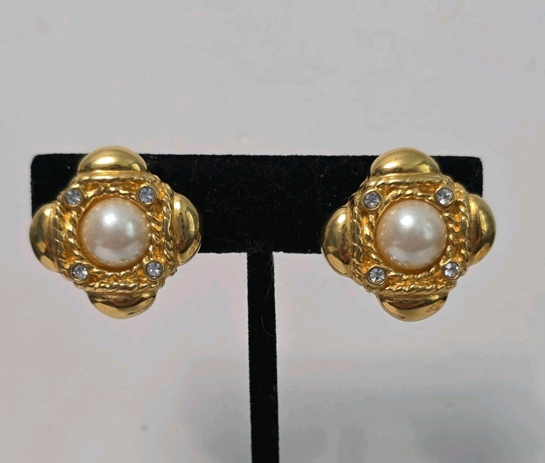 Vintage Givenchy Square Goldtone Faux Pearl Cabachon Earrings