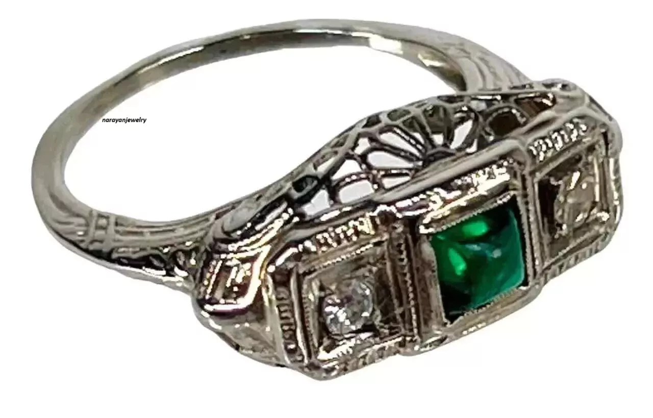 Art Deco Emerald & Lab Created Diamond 14K White Gold FN Filigree Wedding Ring