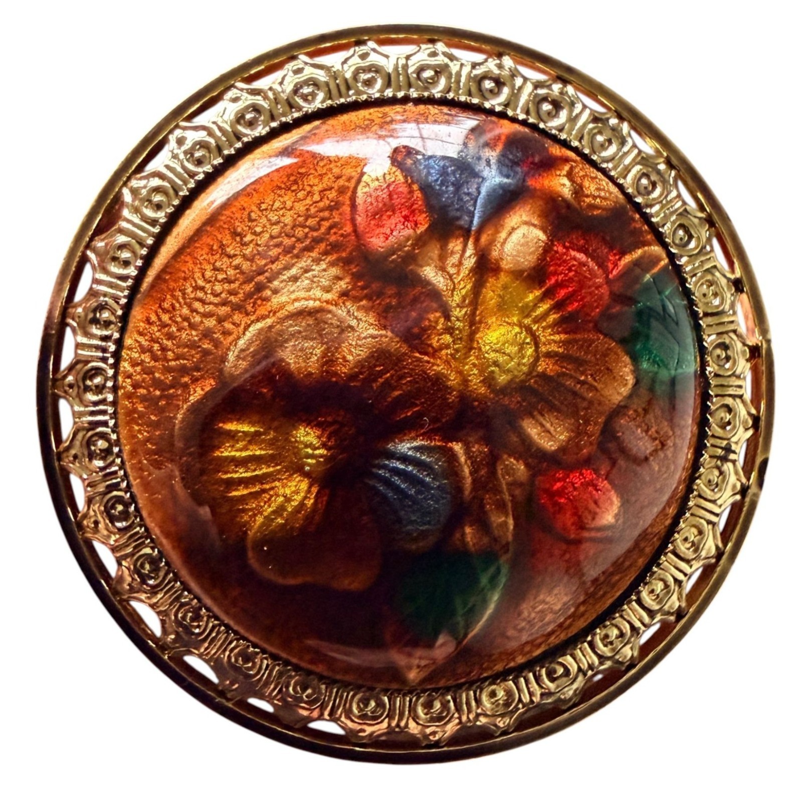 Vintage Reverse Carved Lucite Brooch Gold Tone Floral Pin 1950s New Old Stock