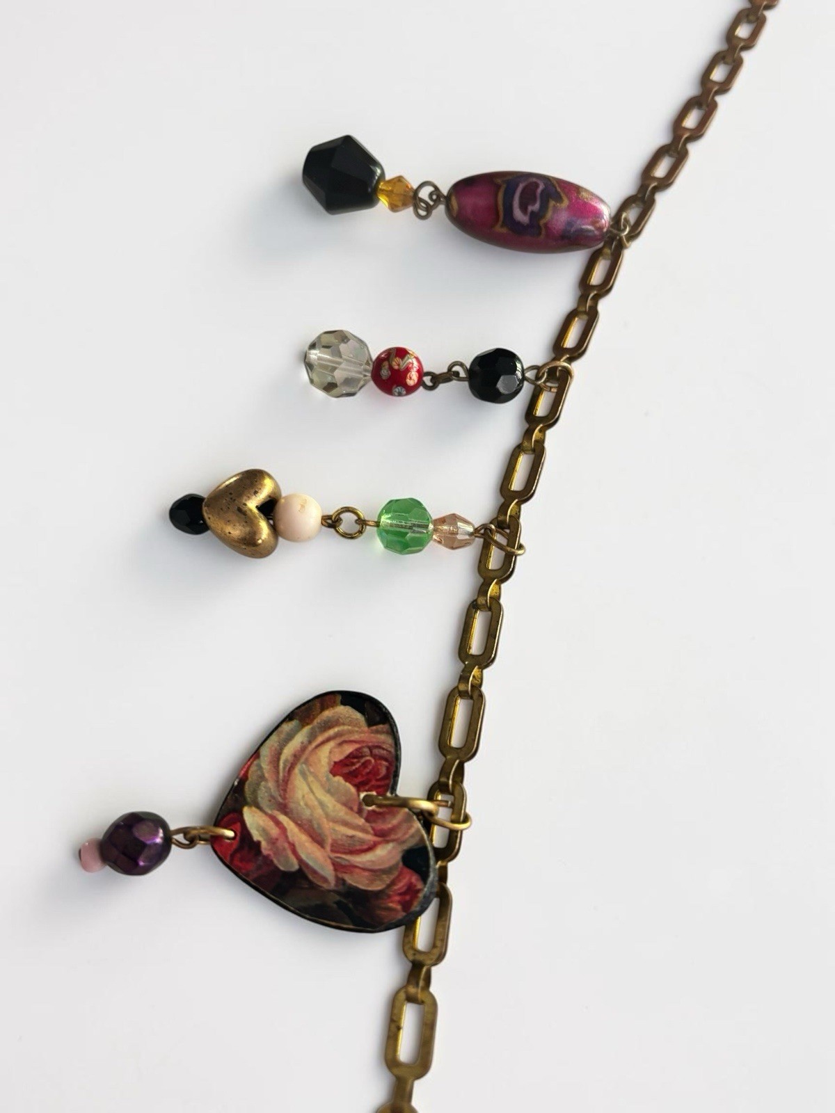 Vintage Artisan Charm Necklace Floral Hearts Crystal Beads Boho 30-32.5”