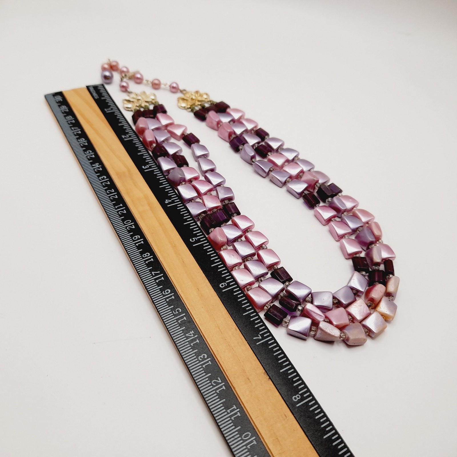 Vintage Japan 1950s Pink Lavender Pearl Finish 3 Strand Necklace 17”