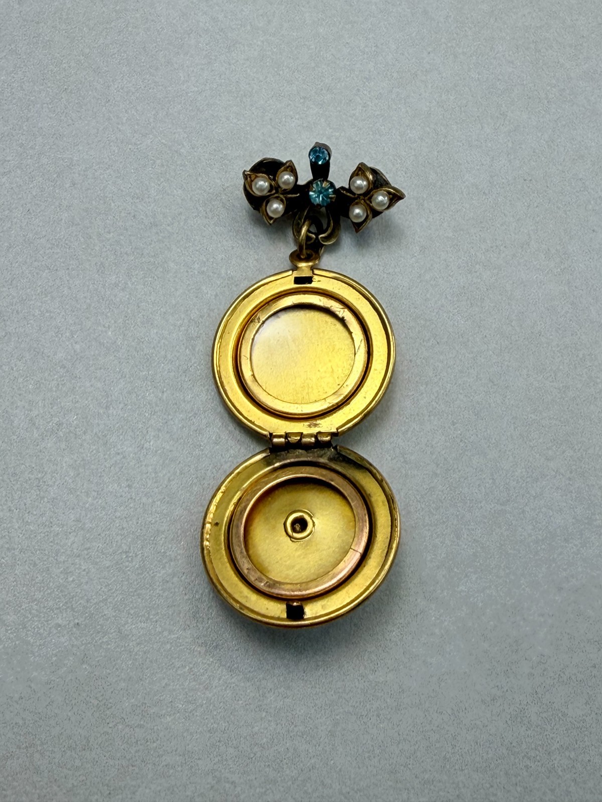 Vintage Gold Tone Locket Pendant Blue Rhinestone Faux Pearl Charm