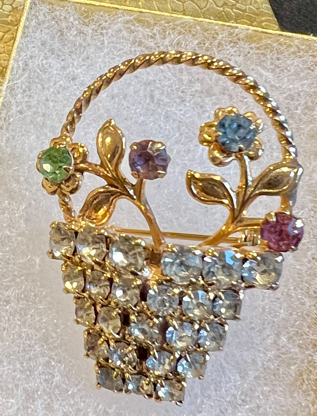 Vintage 60s Flower Basket Rhinestones Gold Tone Colorful Brooch Pin Uranium Glow