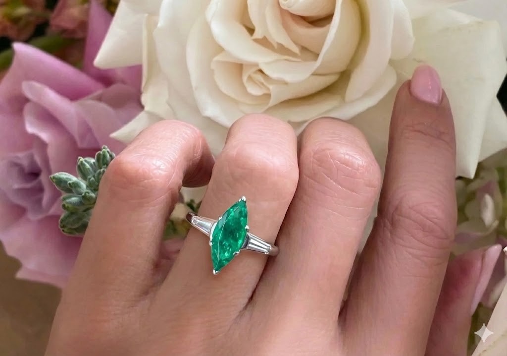 Vintage Platinum Engagement Ring 2.09CT. Gem Natural Green Emerald Marquise Cut