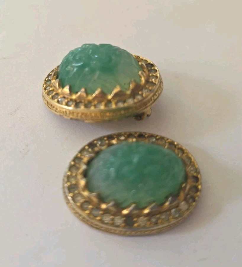 Nettie Rosenstein Clip On Earrings Faux Jade Cabochons 1 Missing The Clip on