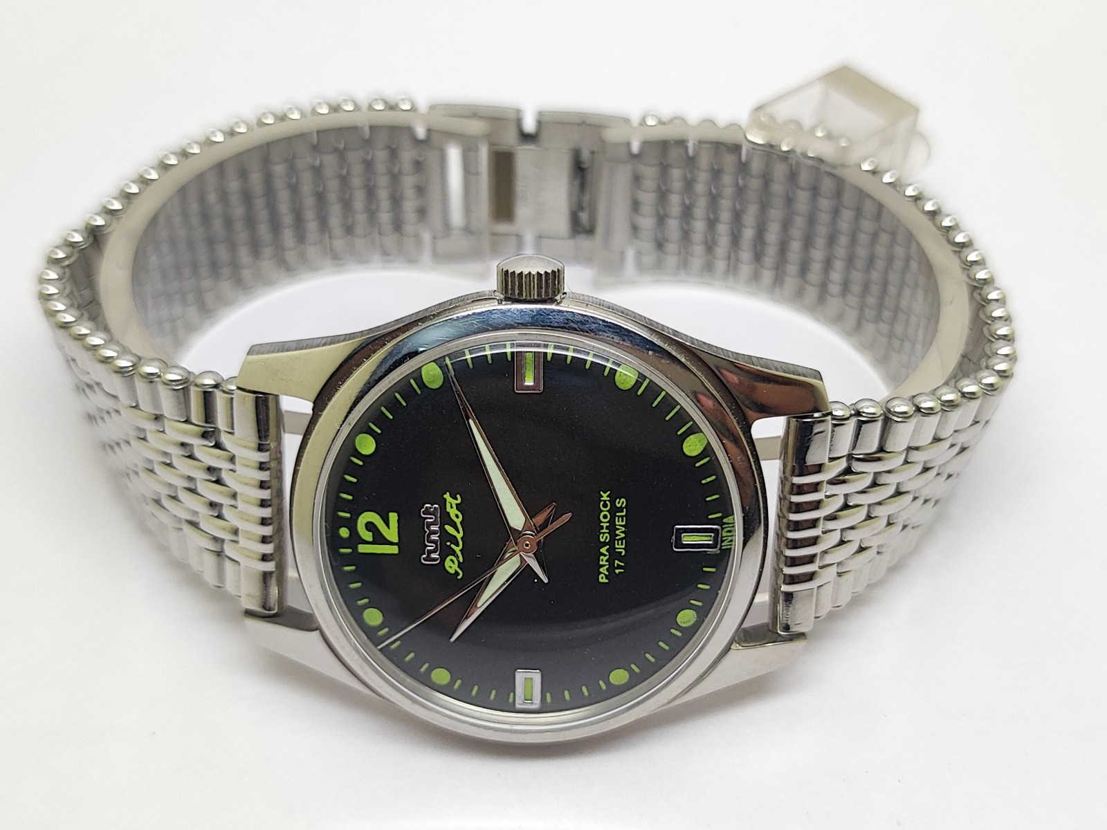 HMT Pilot Mechanical Hand Wound Green Lume Dial 17 Jewels Para Shock Vintage