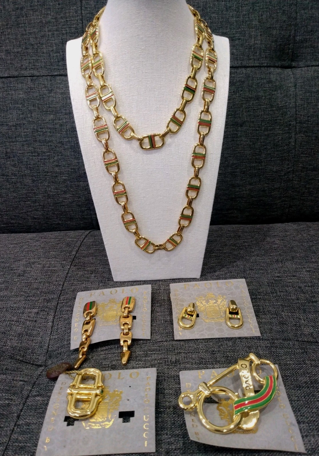 Gucci, Paolo 2 Necklaces, 2 Earrings & 2 Brooches Gold Plated Jewelry Lot Sets