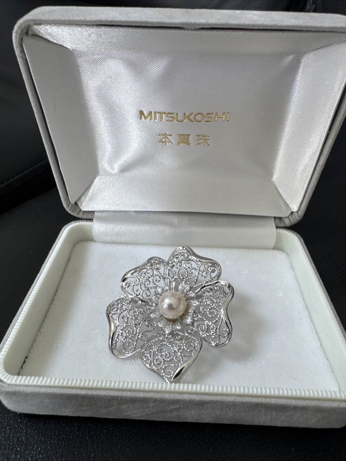 Vintage Mitsukoshi Brooch/Pendant Cultured Pearl Orig Velvet Box Japan