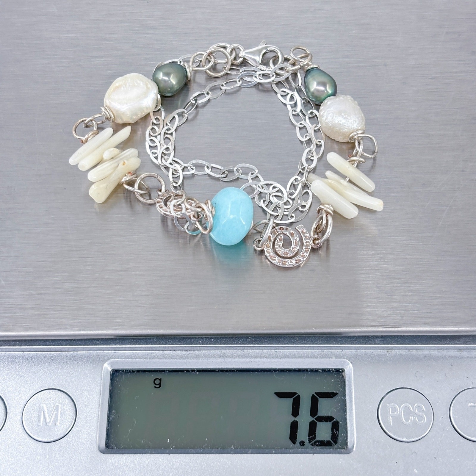 Vintage Sterling Silver 925 White Pearl Shell Spiral Blue Bead Necklace 16.5″