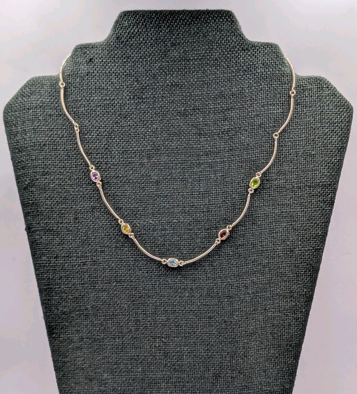Vtg Sterling Silver Lab Created Gemstones Curved Tube Links 925 Necklace – 17.5″