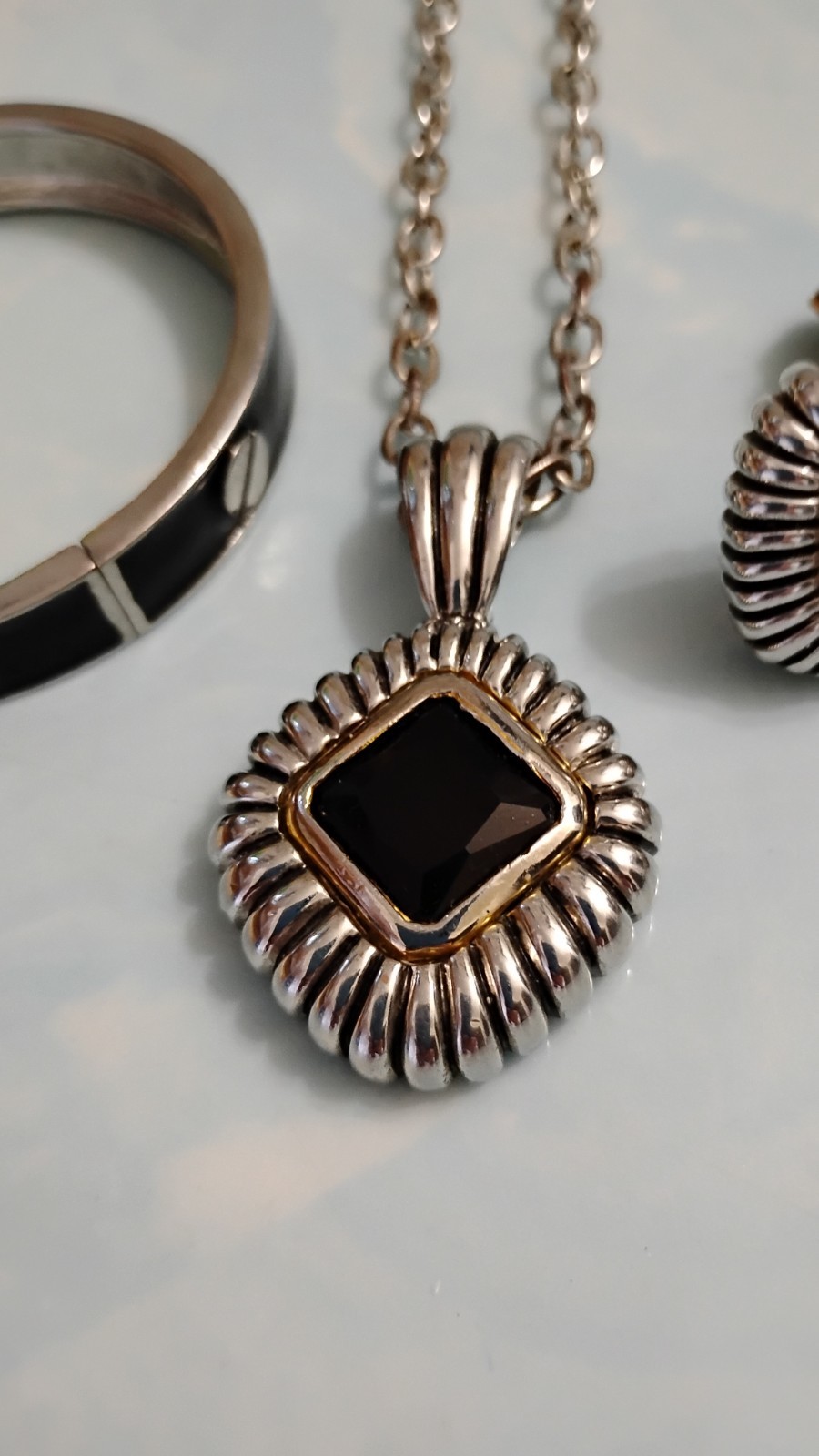 Vtg Black Glass Chatons Cabochon Necklace Earrings & Bangle Bracelet Set