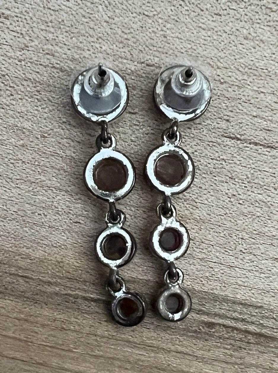Vintage Silver Tone Dangle Drop Earrings l Round Brown Stones l 2in l 4 Gems