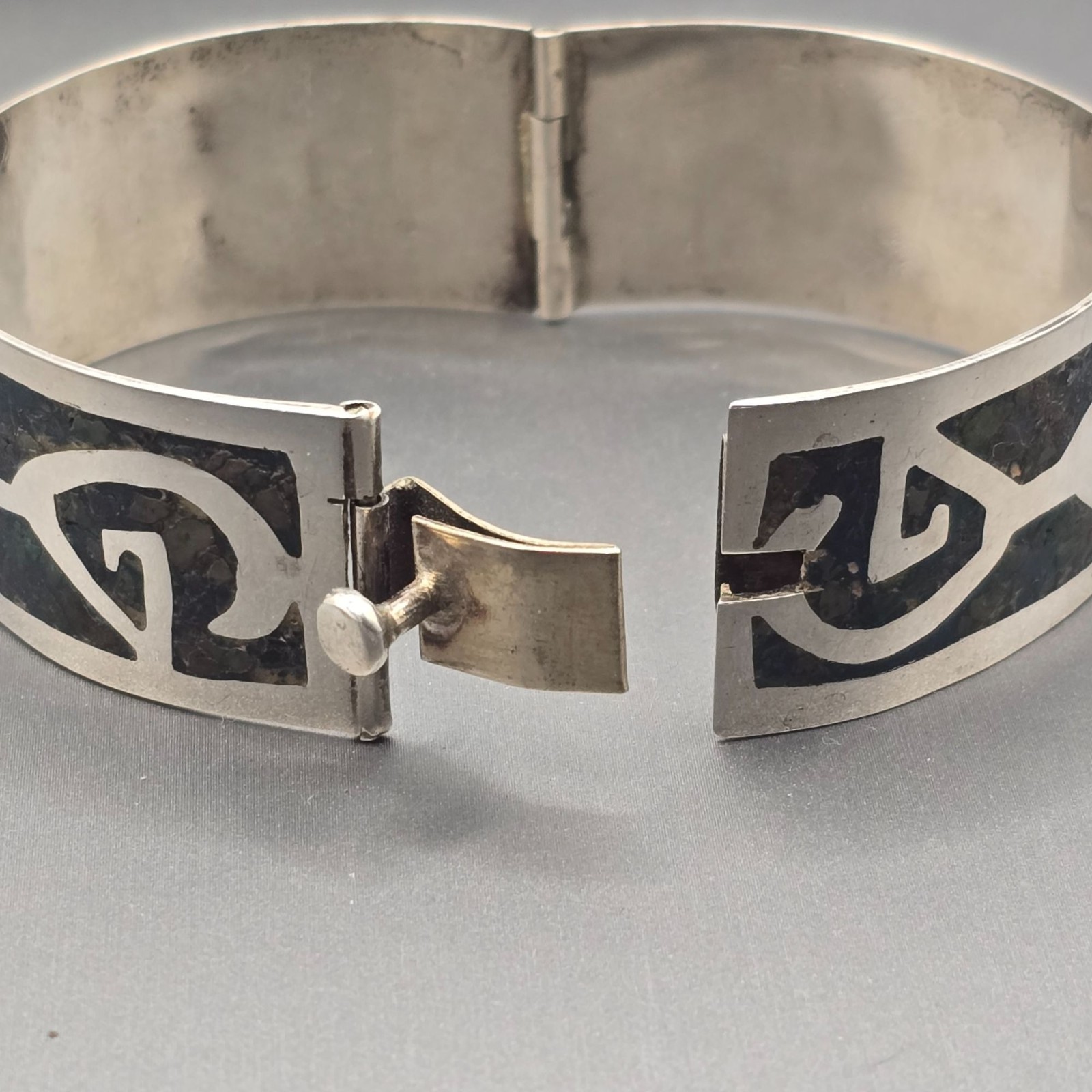 Vintage Taxco Sterling Silver Turquoise Inlay Bracelet 7″ Eagle 3 Signed AMD 30g