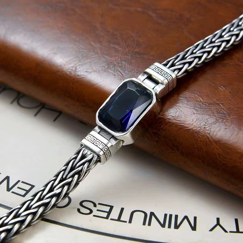 S925 Sterling Silver Couple Style Hand-Knitted Bracelet Old Vintage Stone Men