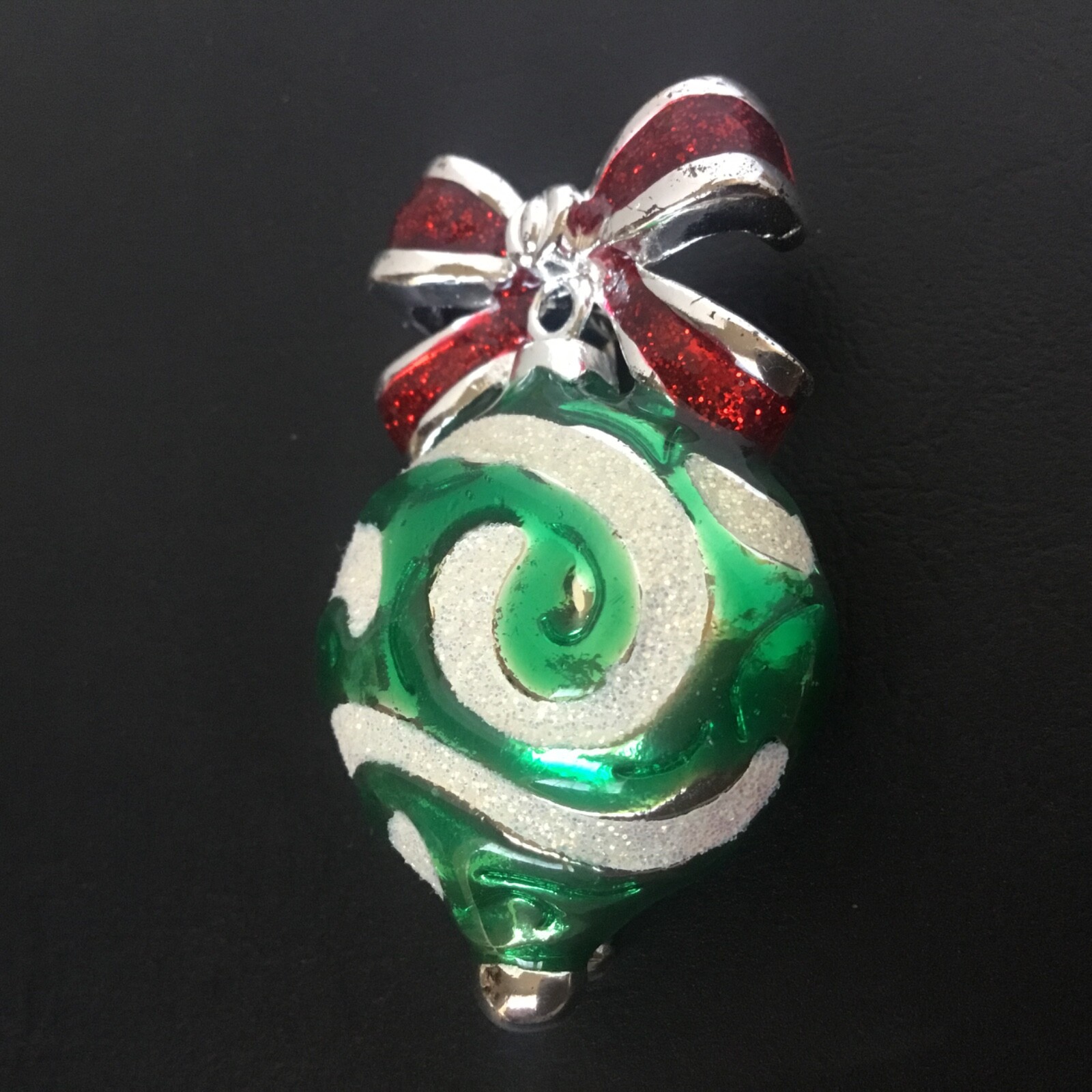 DANECRAFT Christmas Ornament Pin Silver Tone Red & Green Enamel Sparkles