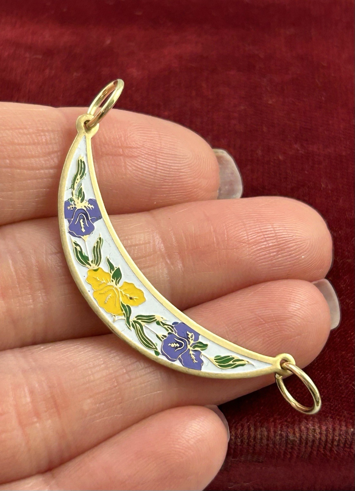 Vintage Pendant Enamel Flower Crescent Moon Jewelry Gold Plated Double Loop