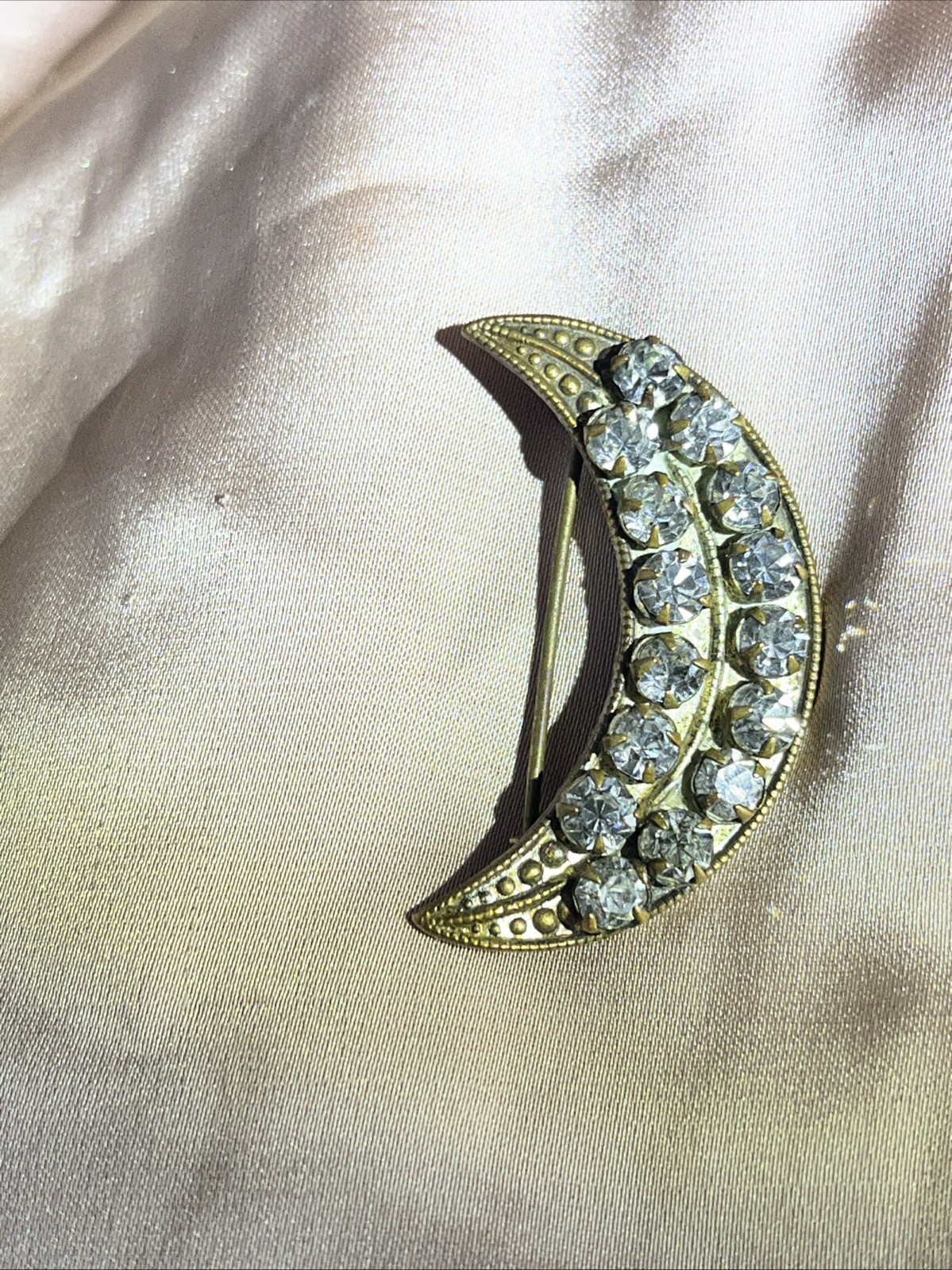 Unusual Antique Victorian Crescent Moon Brooch Prong Set Rhinestones Pin 1880s