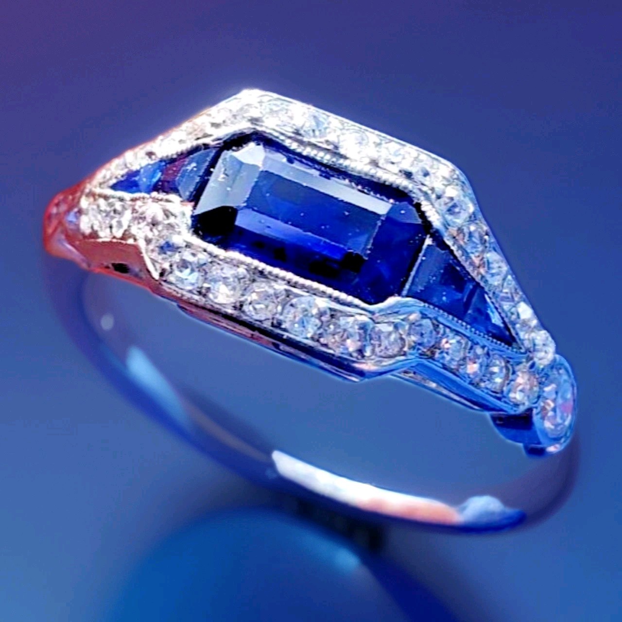 Original EARTH MINED SAPPHIRE DIAMOND ART Deco SOLID PLATINUM Engagement RING 6
