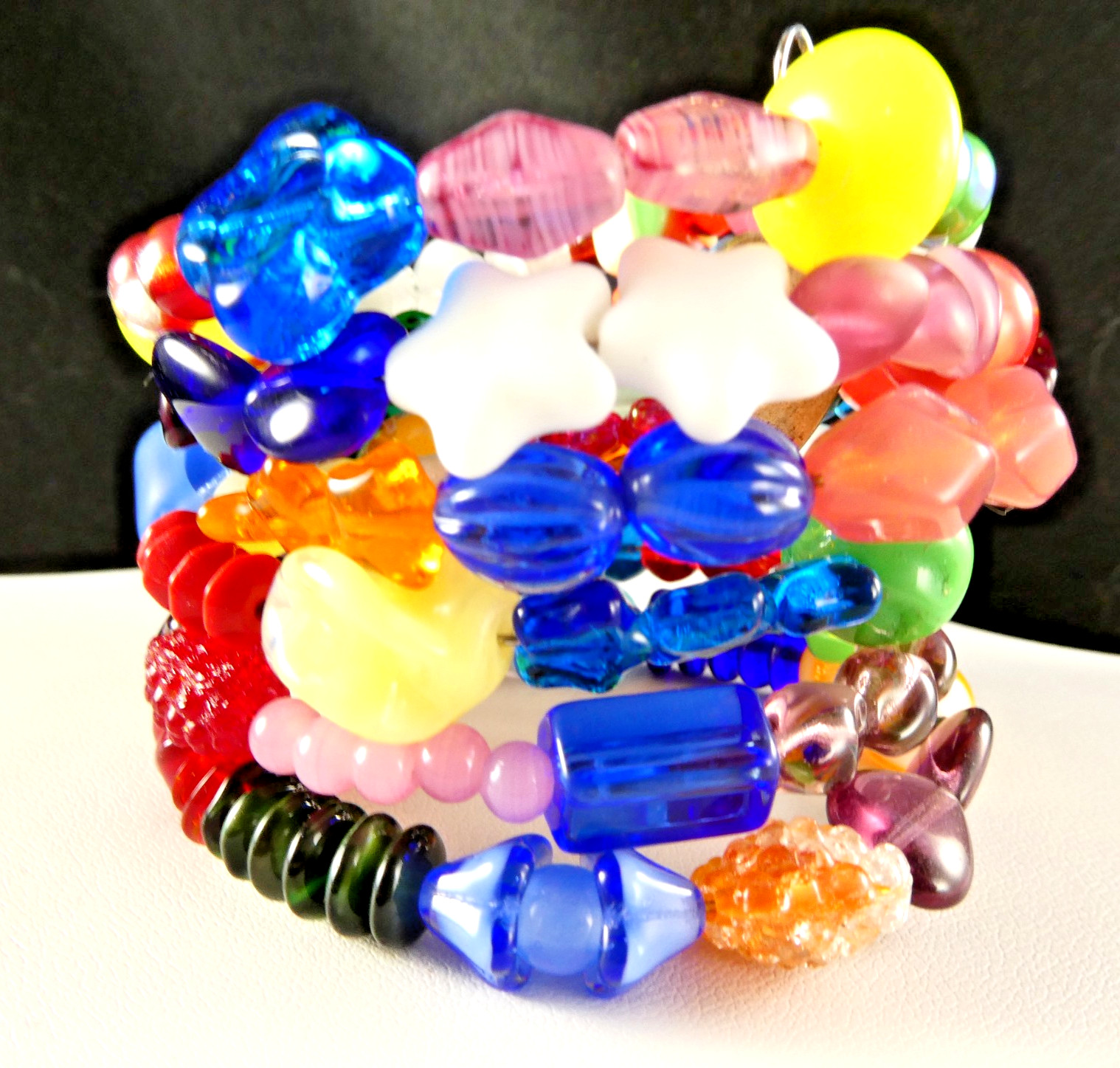 Vintage Fruit Salad Art Glass Coil Wrap Bracelet 2 Sterling Silver Charms HEART