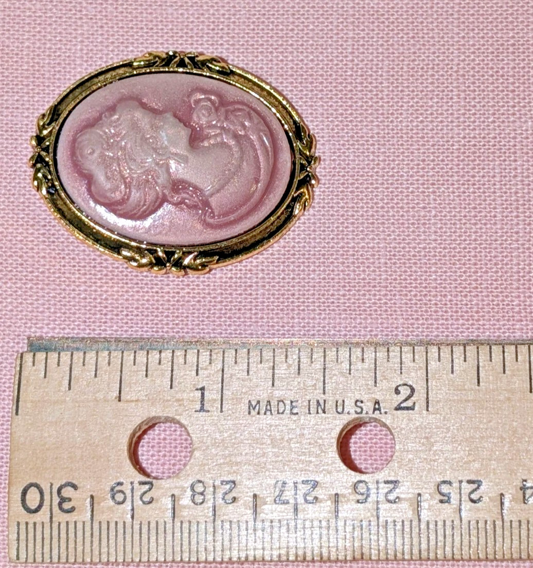 Pink Cameo Brooch Pair Duo Victorian Revival Gold-Tone Rhinestones With Dangle
