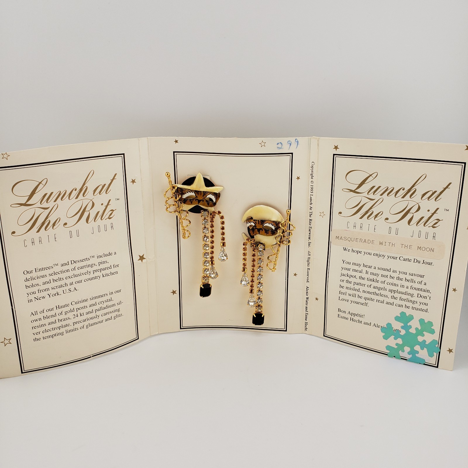 Lunch At The Ritz Pierced Earrings Masquerade With Moon New On Menu Card 1993