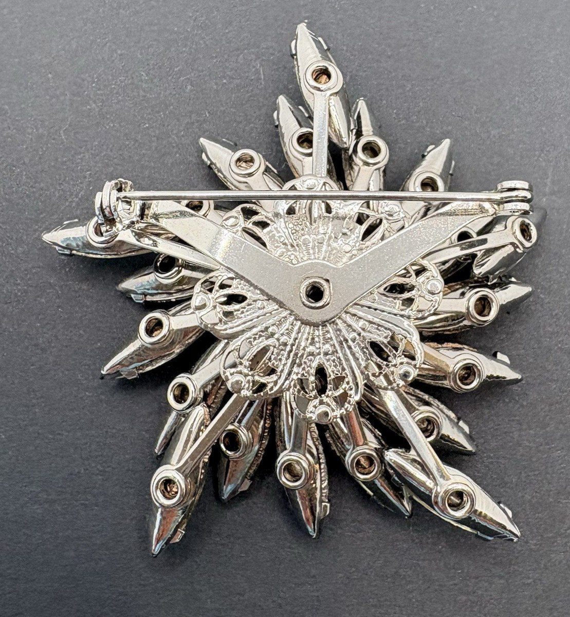 Vintage Smoky Gray Crystal Floral Swirl AB Crystals Brooch Silver Tone Prong Set