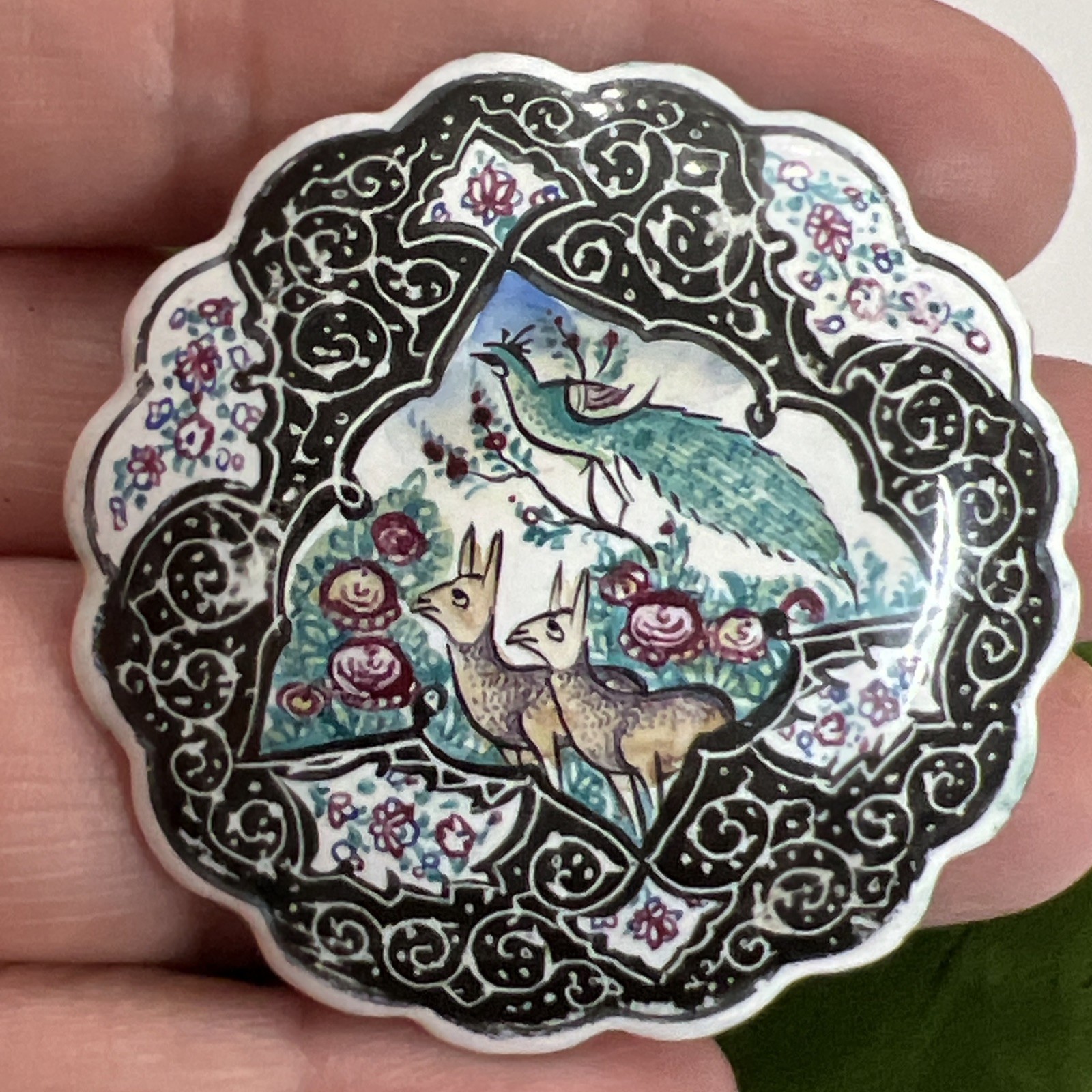 Antique 1900s Persian Middle Eastern Enamel Painted Pin Brooch Peacock Deer
