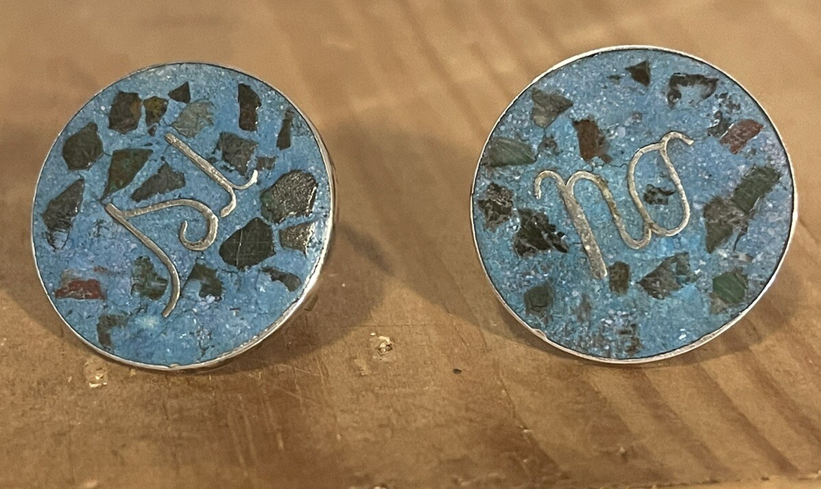 Vintage Sterling Mexico Mosaic Turquoise Screw back Yes /No Earrings 1” Unique