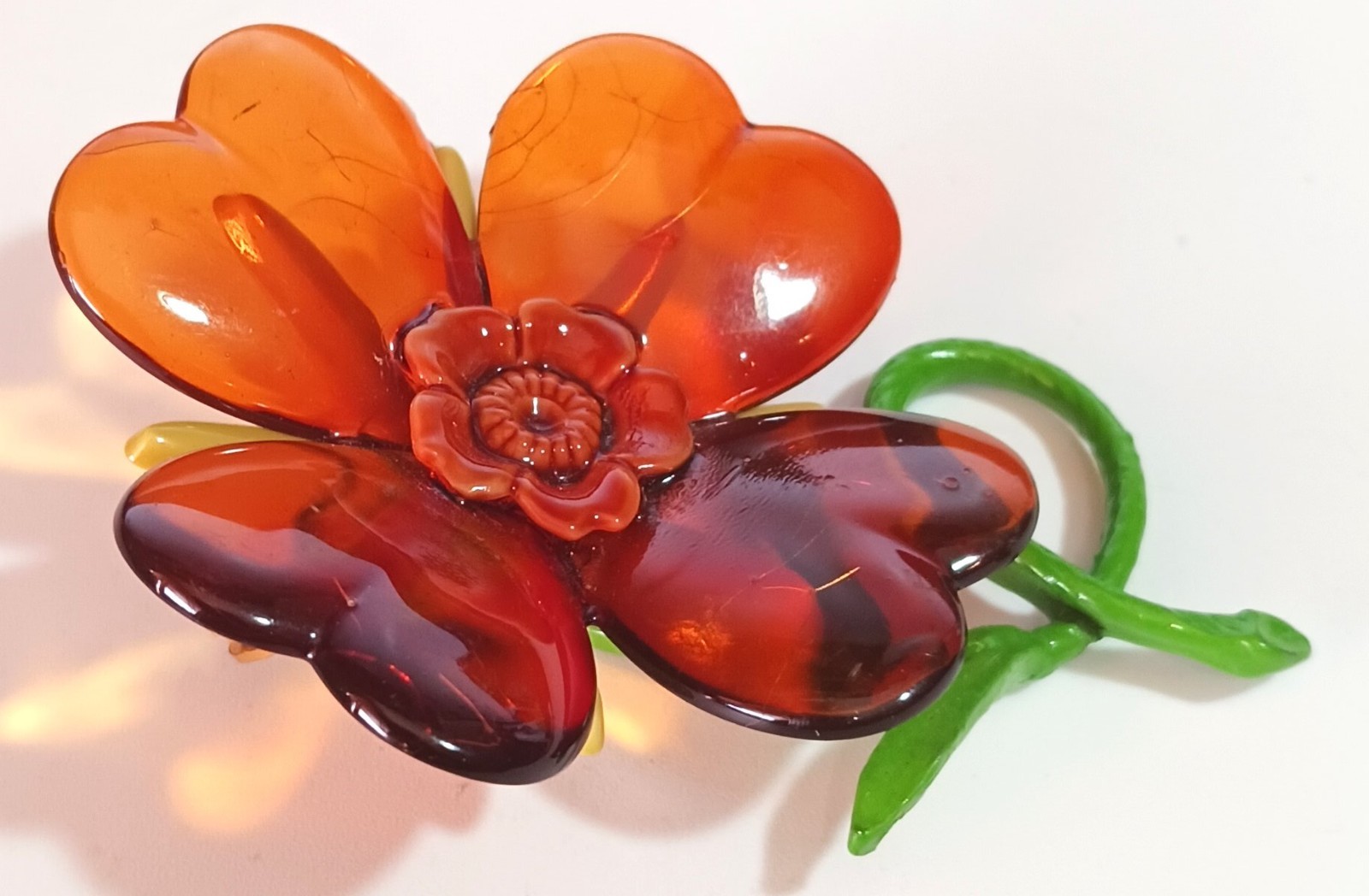 Vintage Orange, Yellow & Green Plastic (Cellulose Acetate?) Flower Brooch