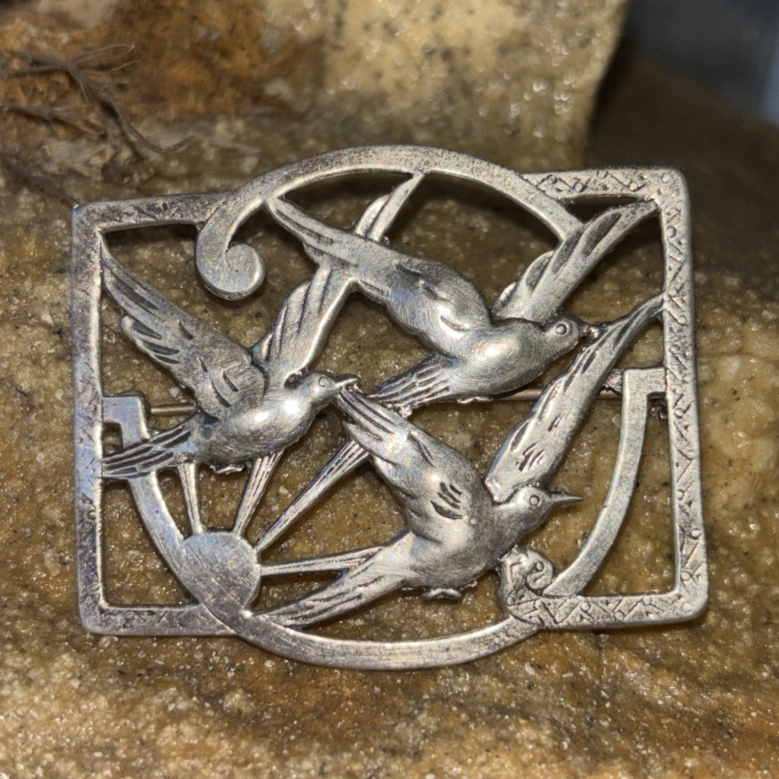 NORSELAND CORO(?) Silver Vintage Antique 3 Birds Brooch Pin Unmarked 2 1/4”x 2”