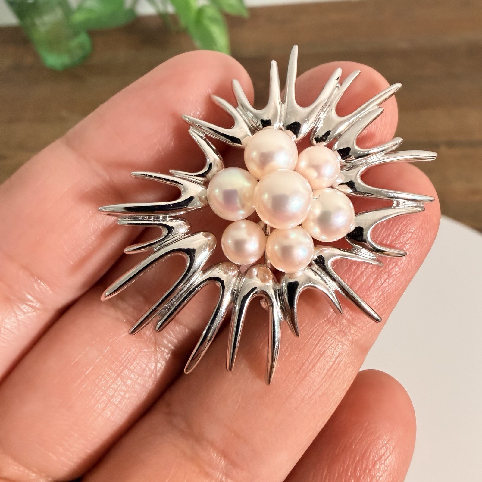Mikimoto Akoya Starburst / Sea Urchin Pearl & Sterling Silver Vintage Brooch MCM