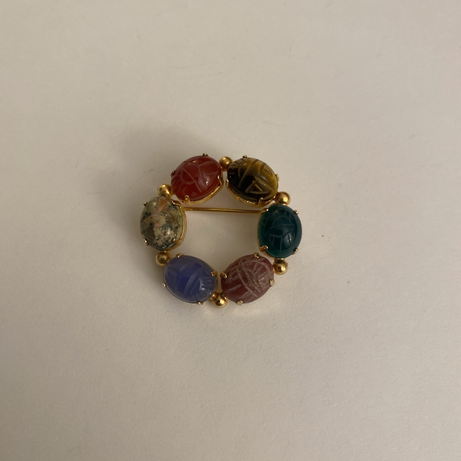 Vintage Scarab Brooch Circle Design Multiple Colored Carved Gemstones