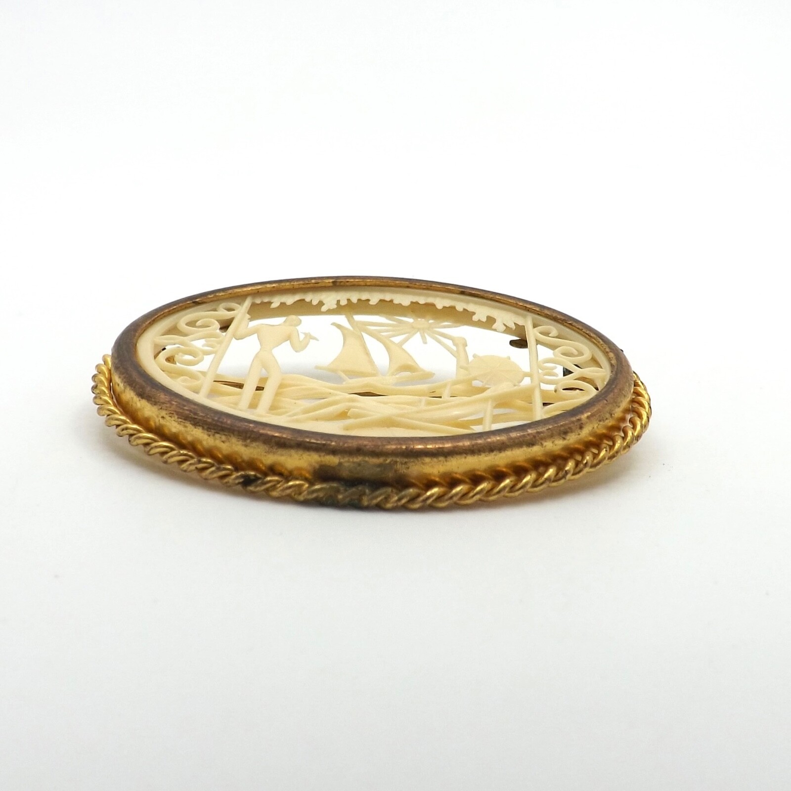 Art Deco Carved Celluloid Depose France Sailboat Beach Brooch Pin Brass Frame