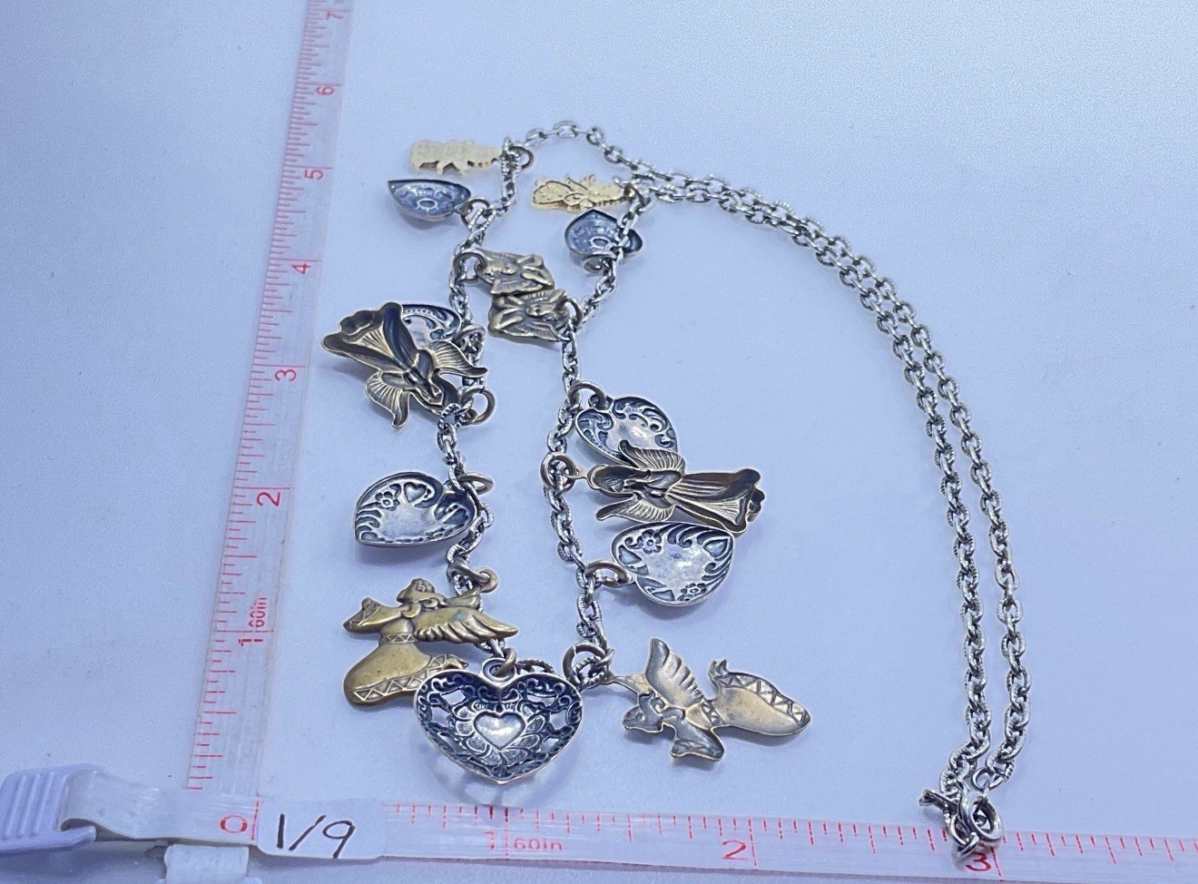 Vintage Silvertone Hearts & Goldtone Brass Angels 15 Charm Necklace 24”