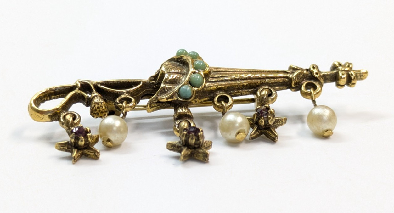 VTG Unsigned Florenza Purple Rhinestone Gold Tone Umbrella Stars Pearl Brooch 2″