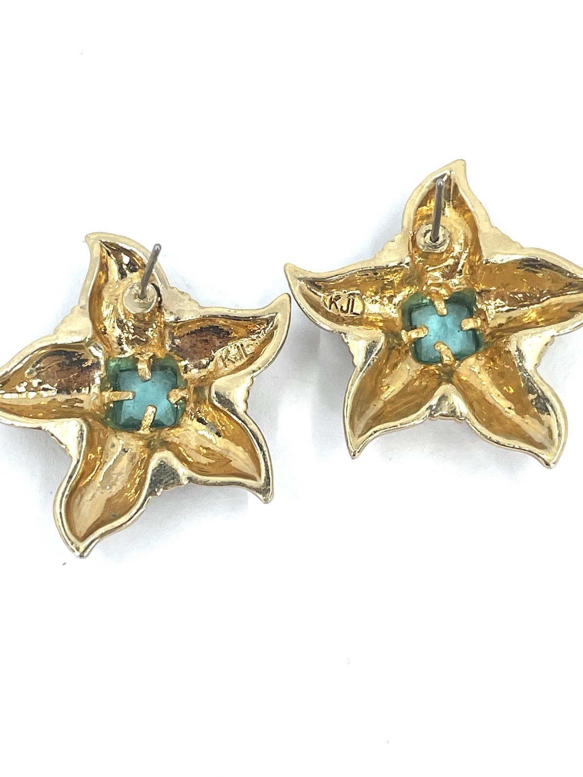 Kenneth Jay Lane KJL turquoise enamel STARFISH gold tone Pierced Earrings