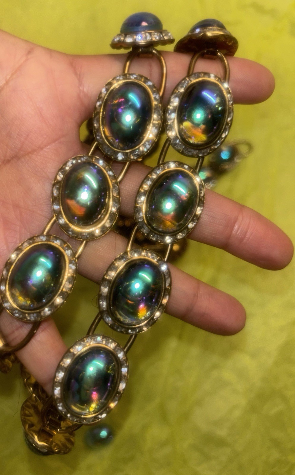 Vintage Peacock Iridescent Gripoux Cabochon AB Necklace ~ Stunning ~ Oil Slick
