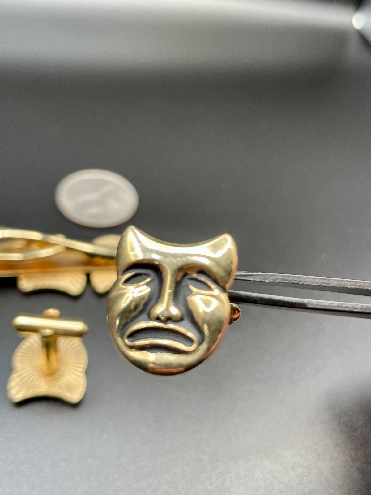 Vintage Gold Tone Comedy Tragedy Theater Mask Cufflinks Tie Bar Set MCM