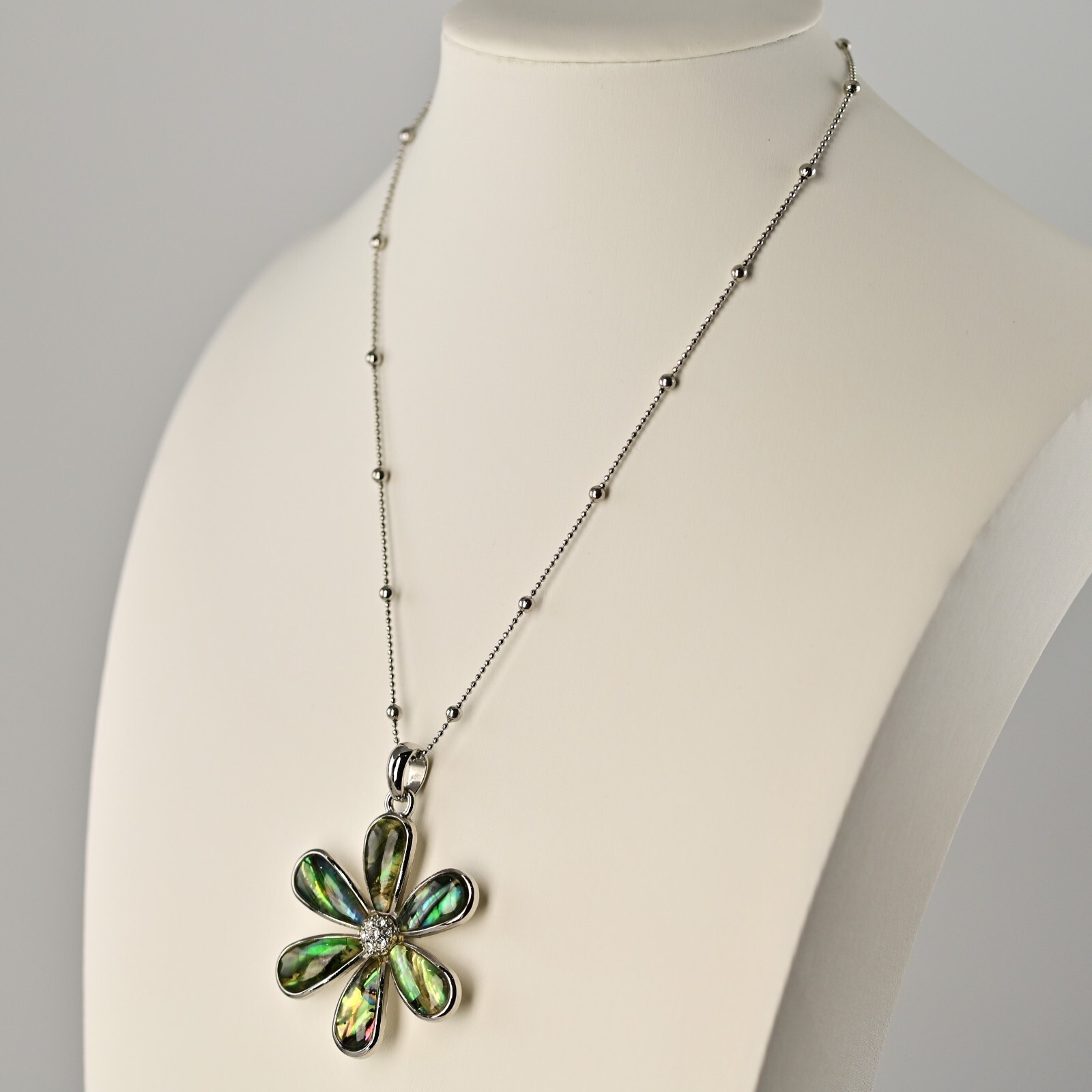 LIA SOPHIA Original Vintage Signed Abalone Flower Lily Pendant Silver Necklace